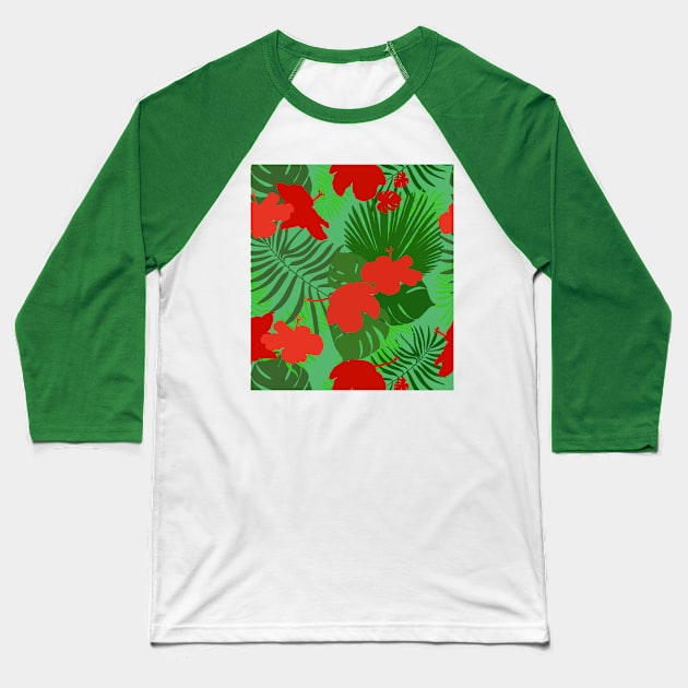 Hand drawn hibiscus, tropical leaves red and green pattern Baseball T-Shirt by GULSENGUNEL